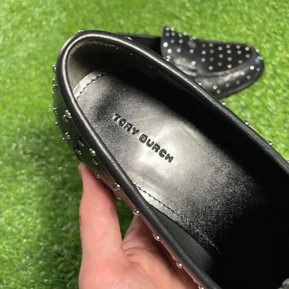 Tory Burch gothic black Italian leather studded chrome loafers Size 8.5